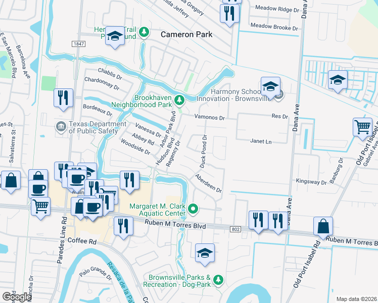 map of restaurants, bars, coffee shops, grocery stores, and more near 3119 Michaelwood Drive in Brownsville