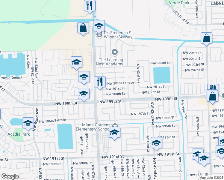 map of restaurants, bars, coffee shops, grocery stores, and more near 4465 Northwest 201st Street in Miami Gardens