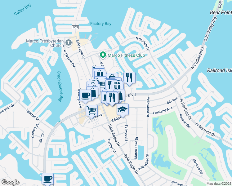 map of restaurants, bars, coffee shops, grocery stores, and more near 991 Chalmer Drive in Marco Island
