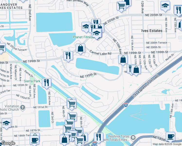 map of restaurants, bars, coffee shops, grocery stores, and more near 735 Northeast 195th Street in North Miami Beach