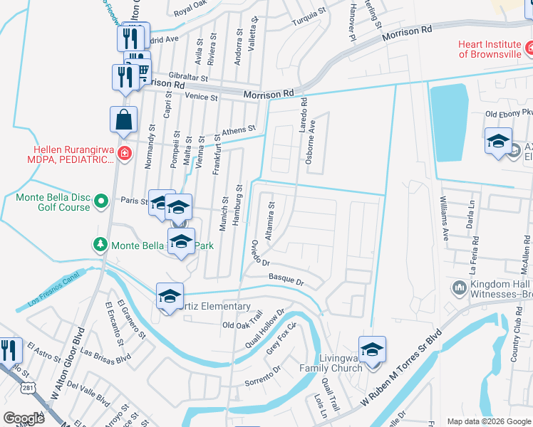 map of restaurants, bars, coffee shops, grocery stores, and more near 3664 Oviedo Drive in Brownsville