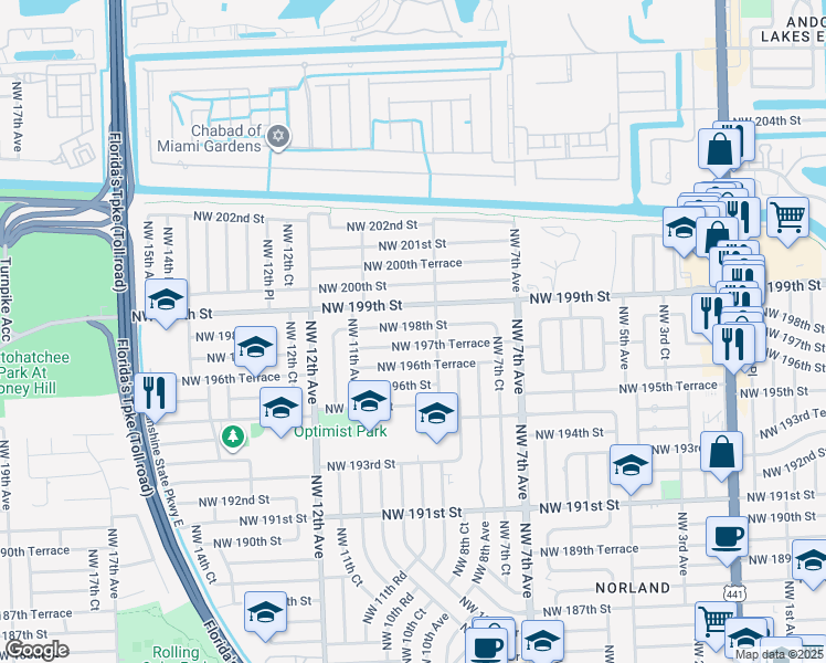 map of restaurants, bars, coffee shops, grocery stores, and more near 1021 Northwest 198th Street in Miami