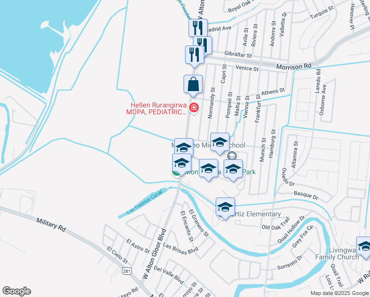 map of restaurants, bars, coffee shops, grocery stores, and more near 2540 West Alton Gloor Boulevard in Brownsville