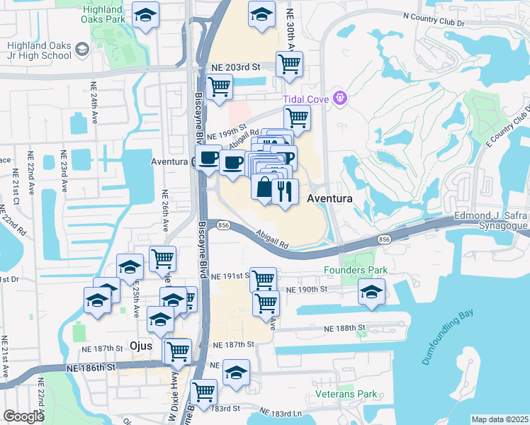 map of restaurants, bars, coffee shops, grocery stores, and more near 19501 Biscayne Boulevard in Aventura