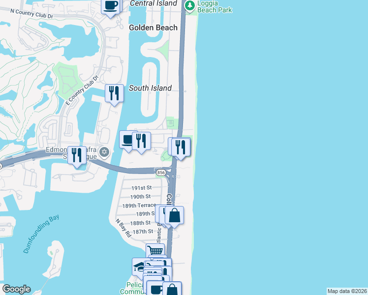 map of restaurants, bars, coffee shops, grocery stores, and more near 19333 Collins Avenue in Sunny Isles Beach