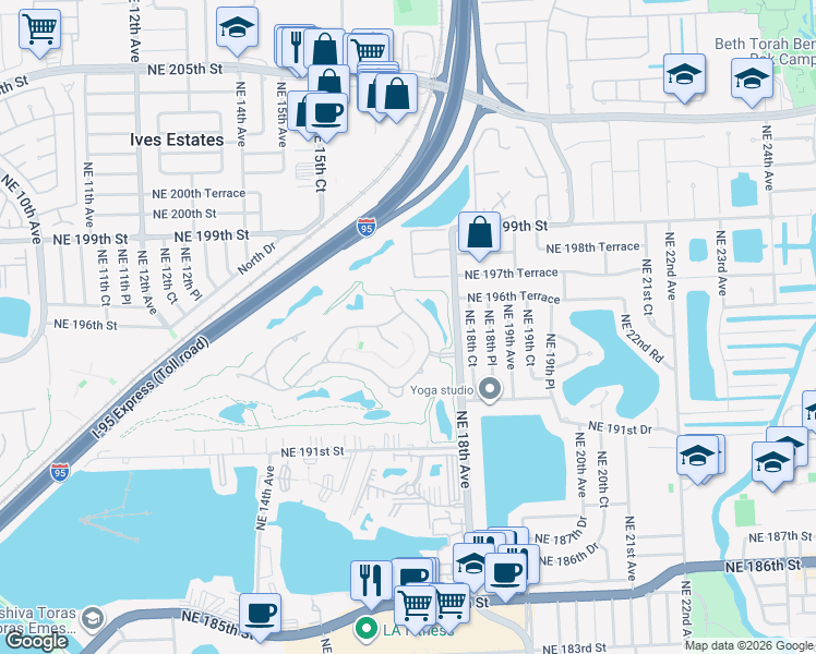 map of restaurants, bars, coffee shops, grocery stores, and more near 19534 Northeast 17th Avenue in Miami