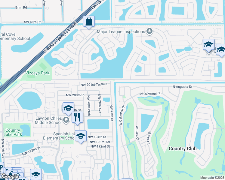 map of restaurants, bars, coffee shops, grocery stores, and more near 20180 West Oakmont Circle in Hialeah