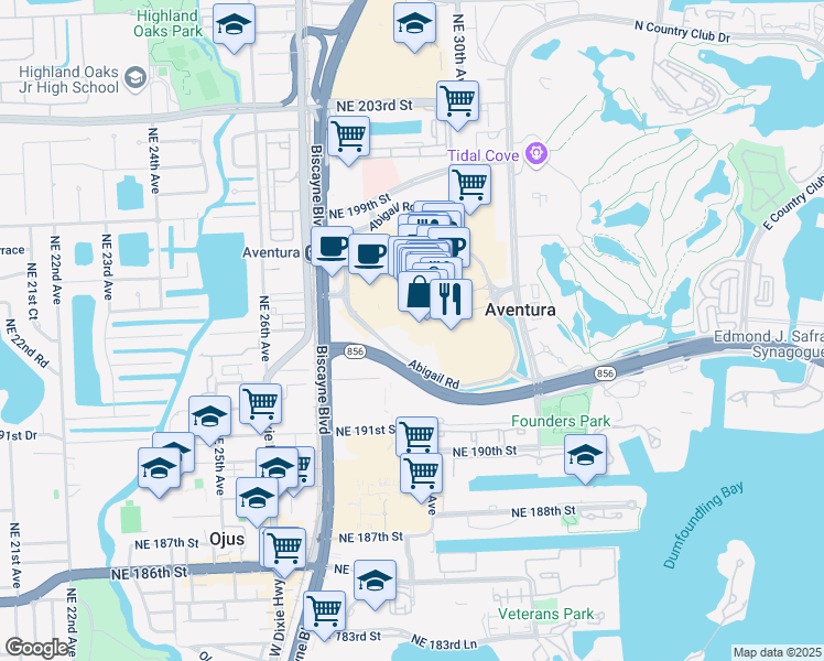 map of restaurants, bars, coffee shops, grocery stores, and more near 19501 Biscayne Boulevard in Aventura
