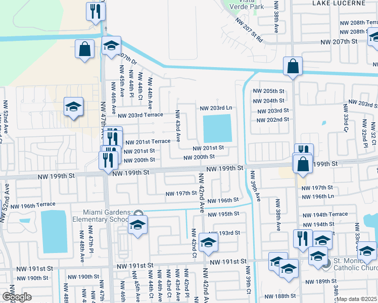 map of restaurants, bars, coffee shops, grocery stores, and more near 4245 Northwest 201st Street in Miami Gardens