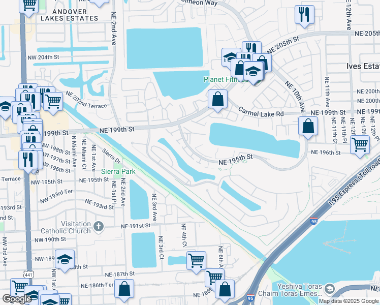 map of restaurants, bars, coffee shops, grocery stores, and more near 520 Northeast 195th Street in Miami