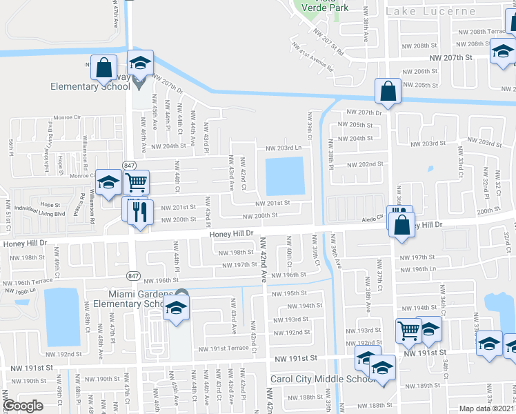 map of restaurants, bars, coffee shops, grocery stores, and more near 4204 Northwest 201st Street in Opa-locka