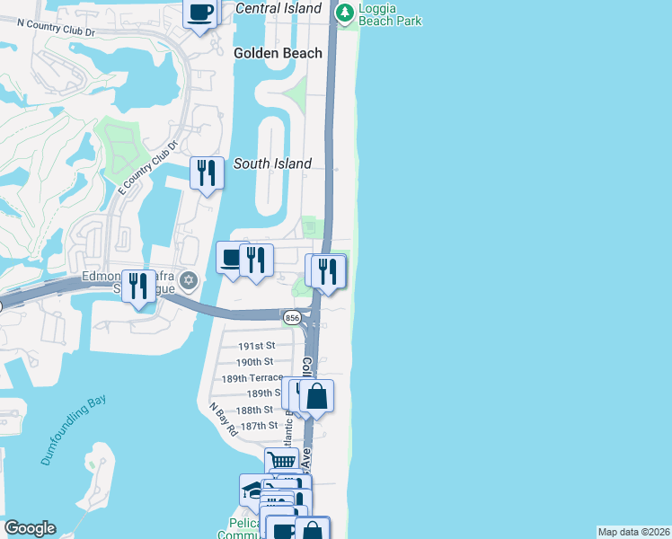 map of restaurants, bars, coffee shops, grocery stores, and more near 19333 Collins Avenue in Sunny Isles Beach