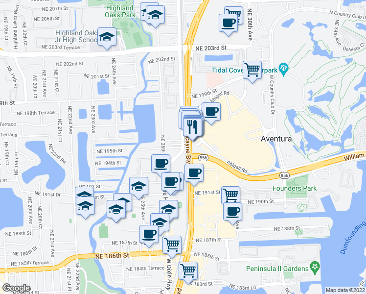 map of restaurants, bars, coffee shops, grocery stores, and more near 19500 West Dixie Highway in Aventura