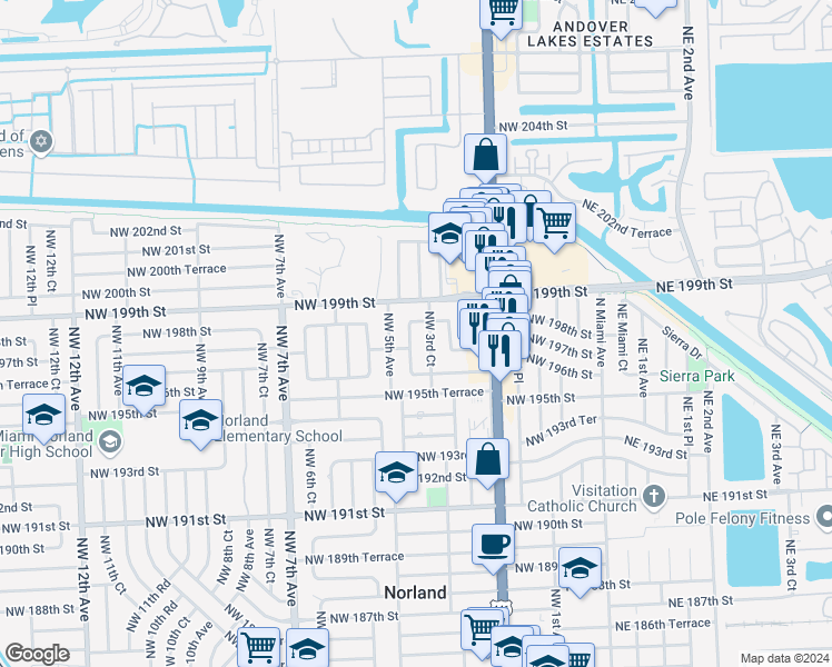 map of restaurants, bars, coffee shops, grocery stores, and more near 19741 Northwest 3rd Court in Miami