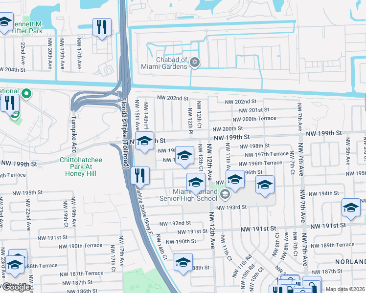 map of restaurants, bars, coffee shops, grocery stores, and more near 1330 Northwest 199th Street in Miami