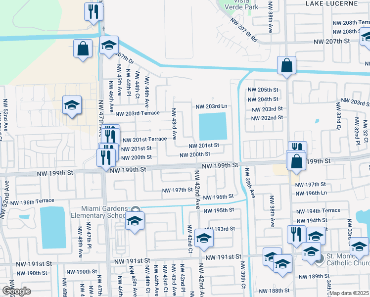 map of restaurants, bars, coffee shops, grocery stores, and more near 4245 Northwest 201st Street in Miami Gardens