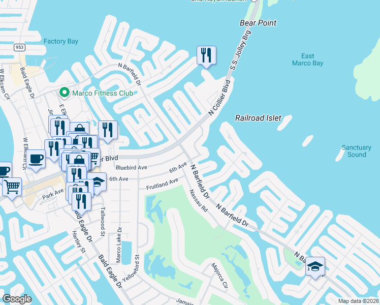 map of restaurants, bars, coffee shops, grocery stores, and more near 691 North Barfield Drive in Marco Island