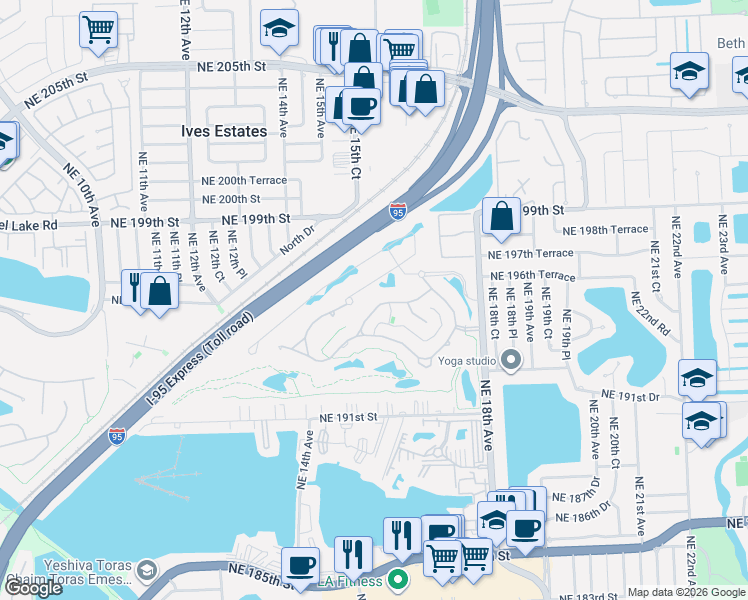 map of restaurants, bars, coffee shops, grocery stores, and more near 19572 Diplomat Dr in North Miami Beach