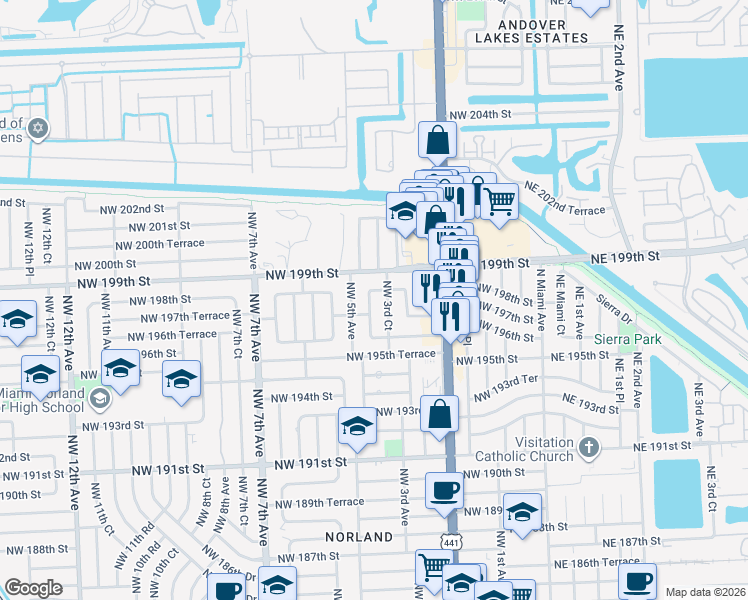map of restaurants, bars, coffee shops, grocery stores, and more near 19741 Northwest 3rd Court in Miami