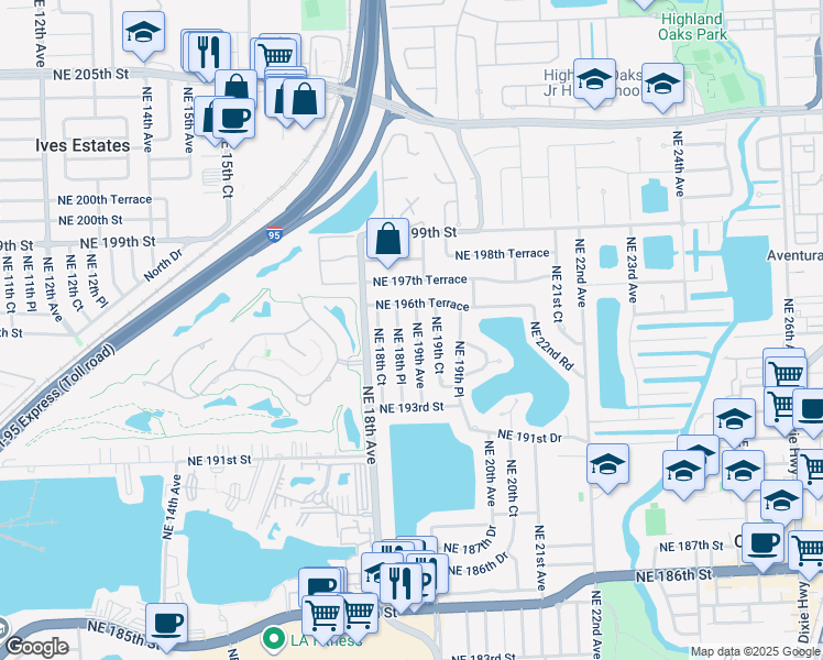 map of restaurants, bars, coffee shops, grocery stores, and more near 19600 Northeast 18th Place in North Miami Beach