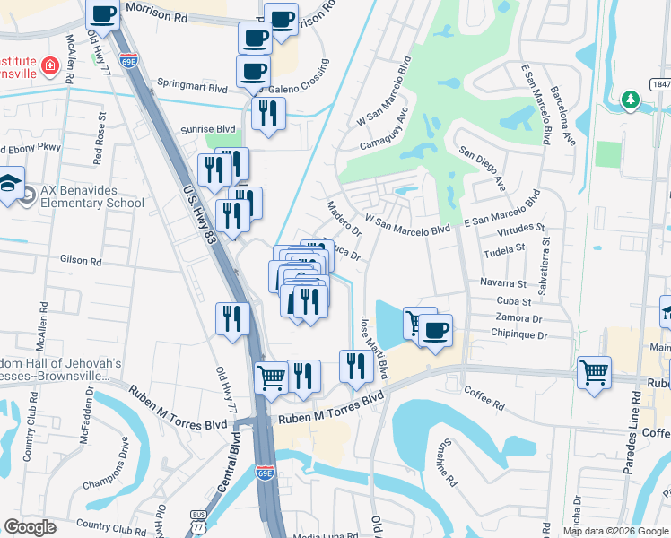 map of restaurants, bars, coffee shops, grocery stores, and more near 44 Tula Court in Brownsville