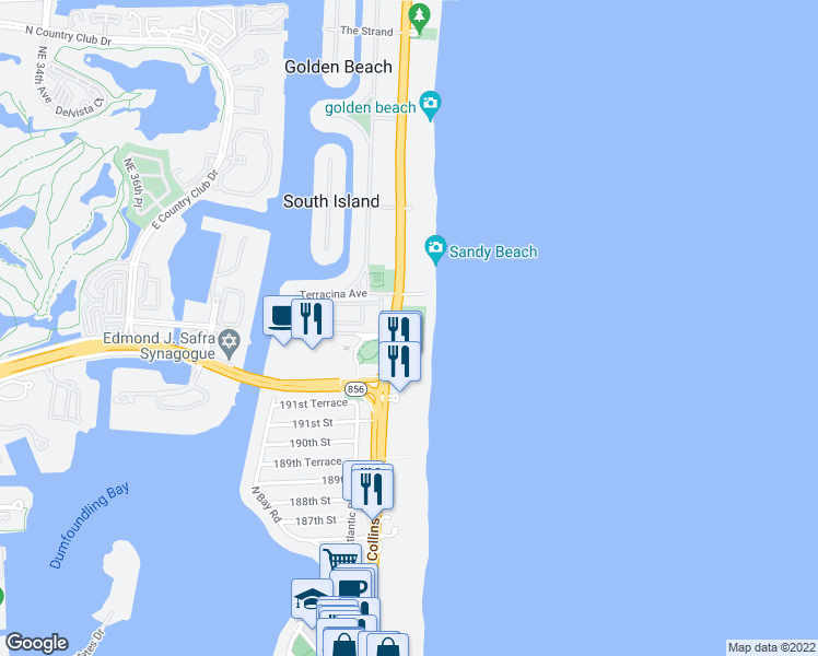map of restaurants, bars, coffee shops, grocery stores, and more near 19333 Collins Avenue in Sunny Isles Beach