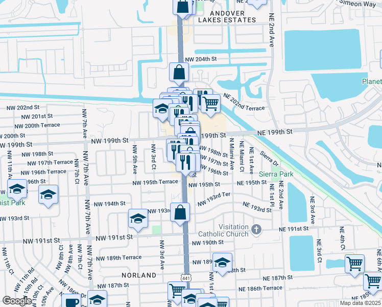 map of restaurants, bars, coffee shops, grocery stores, and more near 19809 Northwest 2nd Avenue in Miami Gardens