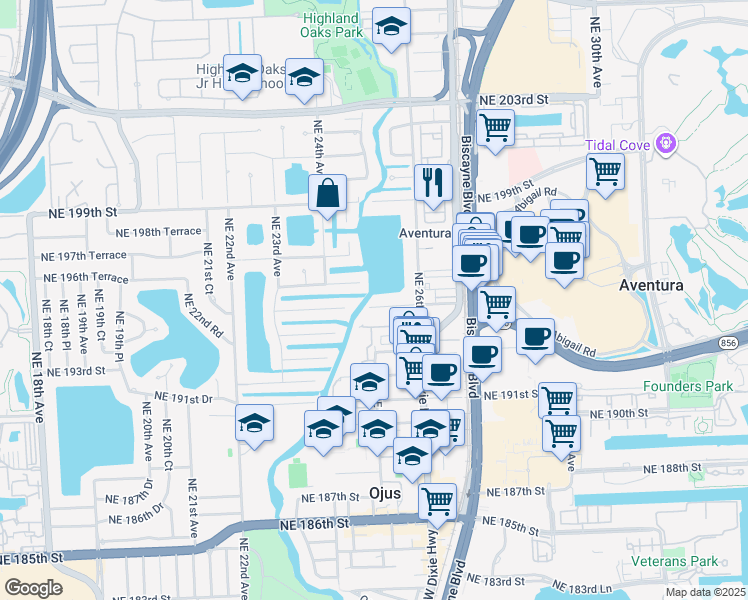 map of restaurants, bars, coffee shops, grocery stores, and more near 2501 Northeast 195th Street in Miami