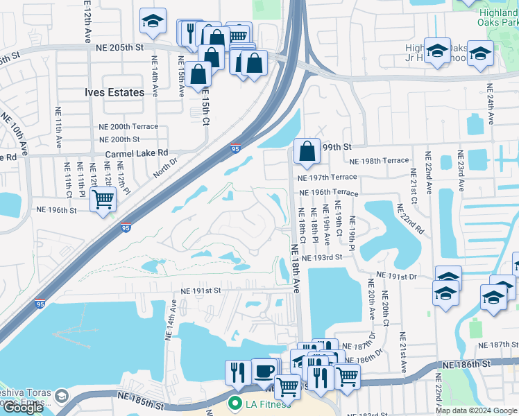 map of restaurants, bars, coffee shops, grocery stores, and more near 19534 Northeast 17th Avenue in Miami