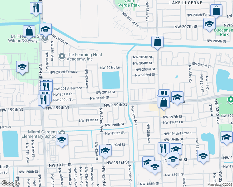 map of restaurants, bars, coffee shops, grocery stores, and more near 4002 Northwest 201st Street in Miami Gardens