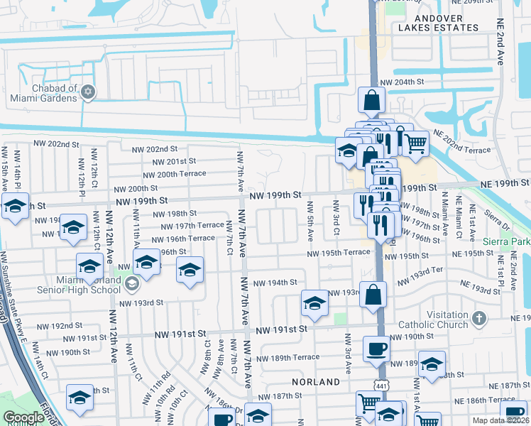map of restaurants, bars, coffee shops, grocery stores, and more near 19730 Northwest 6th Court in Miami