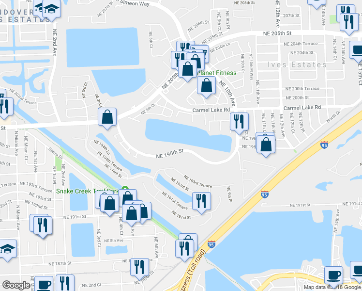 map of restaurants, bars, coffee shops, grocery stores, and more near 735 Northeast 195th Street in North Miami Beach