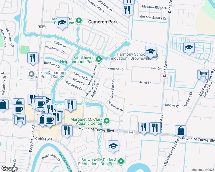 map of restaurants, bars, coffee shops, grocery stores, and more near 3119 Michaelwood Drive in Brownsville