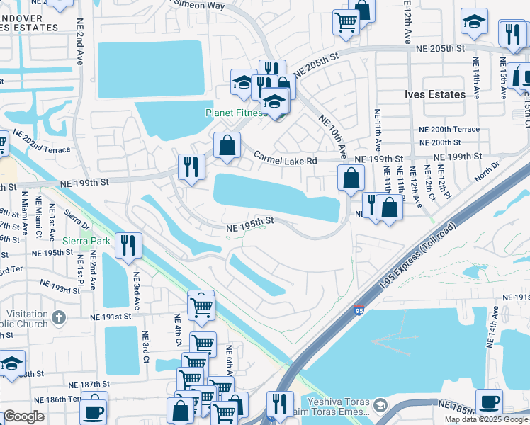 map of restaurants, bars, coffee shops, grocery stores, and more near 735 Northeast 195th Street in North Miami Beach