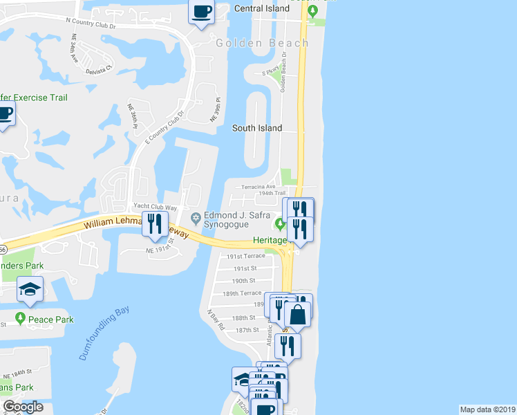 map of restaurants, bars, coffee shops, grocery stores, and more near 3934 194th Lane in Golden Beach