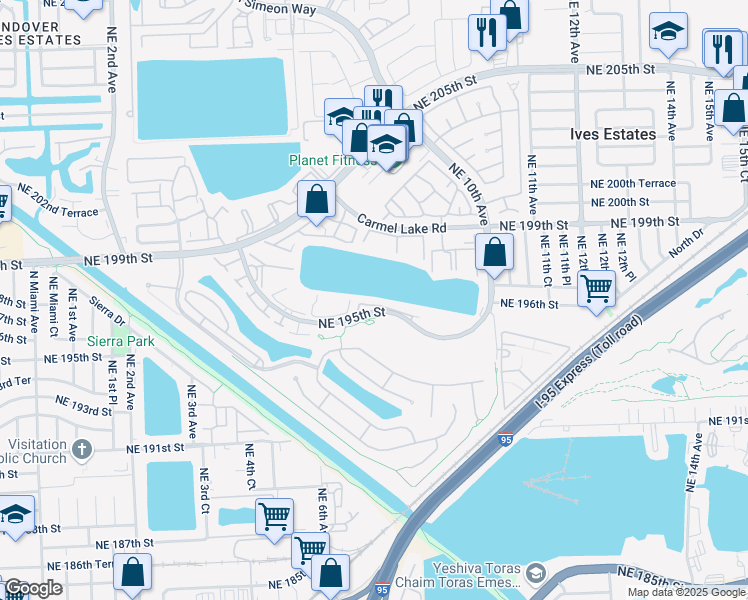 map of restaurants, bars, coffee shops, grocery stores, and more near 735 Northeast 195th Street in North Miami Beach