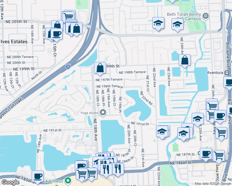 map of restaurants, bars, coffee shops, grocery stores, and more near 19600 Northeast 19th Court in North Miami Beach