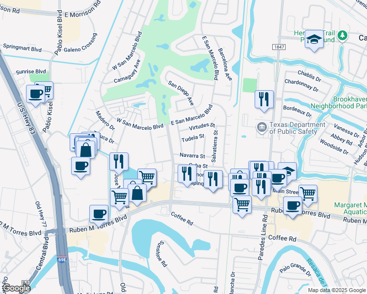 map of restaurants, bars, coffee shops, grocery stores, and more near 24 Valladolid Street in Brownsville