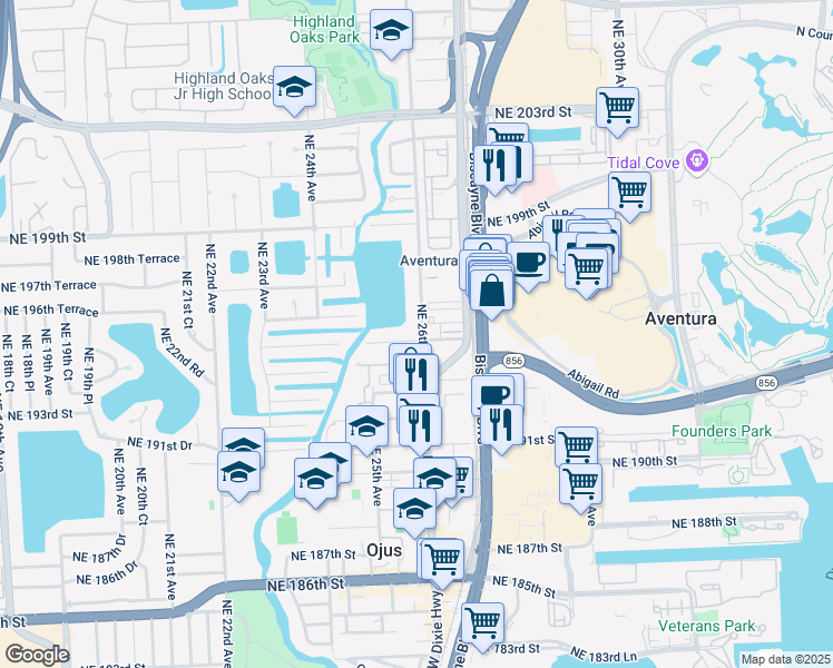map of restaurants, bars, coffee shops, grocery stores, and more near 2581 Northeast 195th Street in Aventura