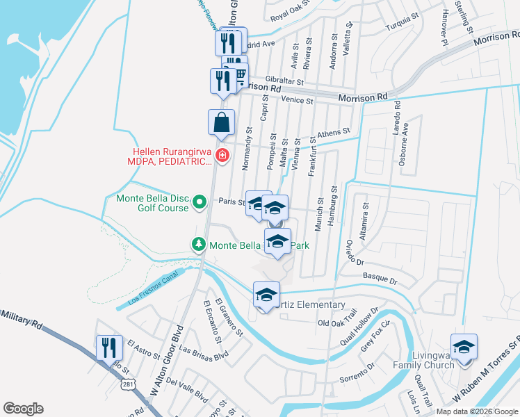 map of restaurants, bars, coffee shops, grocery stores, and more near 2670 Paris Street in Brownsville