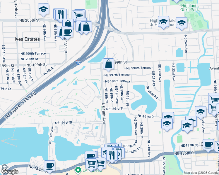 map of restaurants, bars, coffee shops, grocery stores, and more near 19600 Northeast 18th Place in North Miami Beach