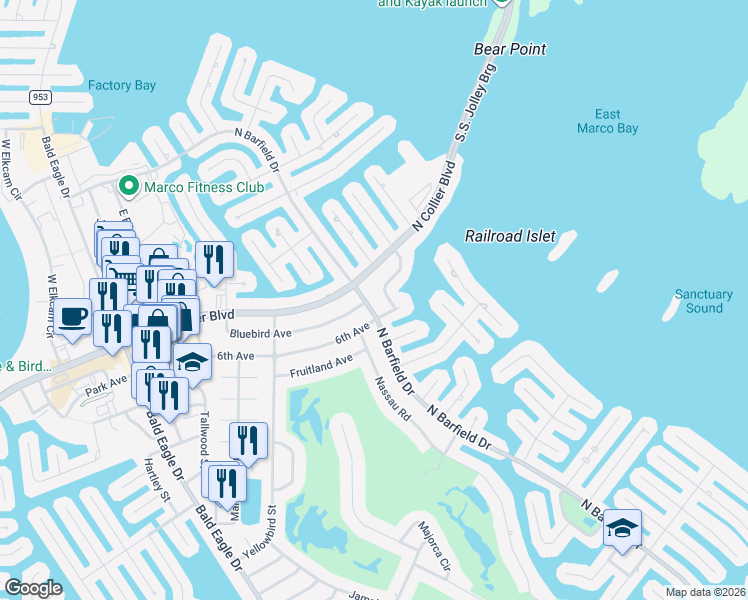 map of restaurants, bars, coffee shops, grocery stores, and more near 691 North Barfield Drive in Marco Island