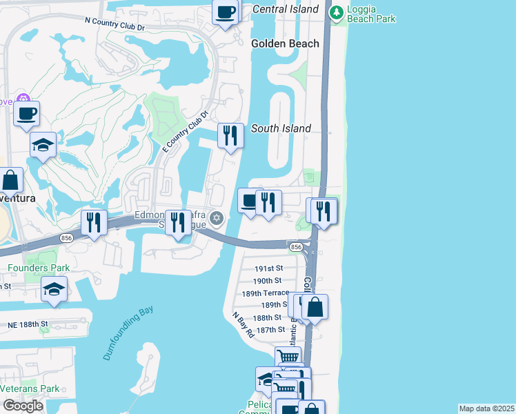 map of restaurants, bars, coffee shops, grocery stores, and more near 19423 38th Court in Golden Beach