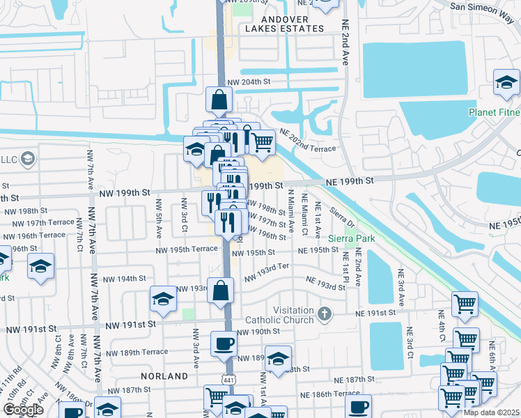 map of restaurants, bars, coffee shops, grocery stores, and more near 110 Northwest 198th Street in Miami