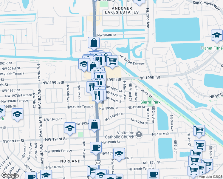 map of restaurants, bars, coffee shops, grocery stores, and more near 110 Northwest 198th Street in Miami