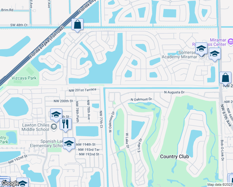 map of restaurants, bars, coffee shops, grocery stores, and more near 20177 East Oakmont Circle in Hialeah