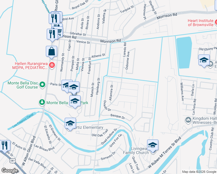 map of restaurants, bars, coffee shops, grocery stores, and more near 3664 Oviedo Drive in Brownsville
