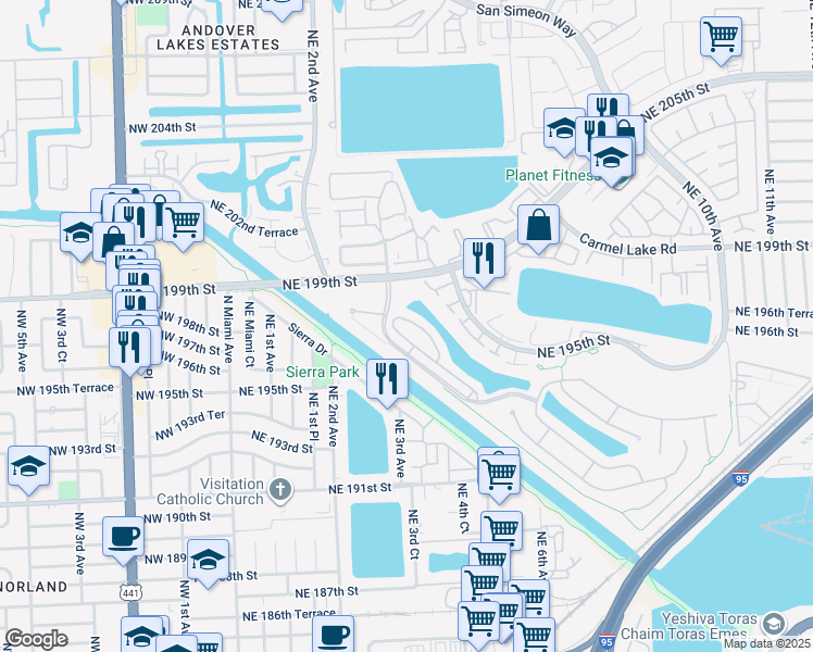 map of restaurants, bars, coffee shops, grocery stores, and more near 344 Northeast 194th Lane in Miami