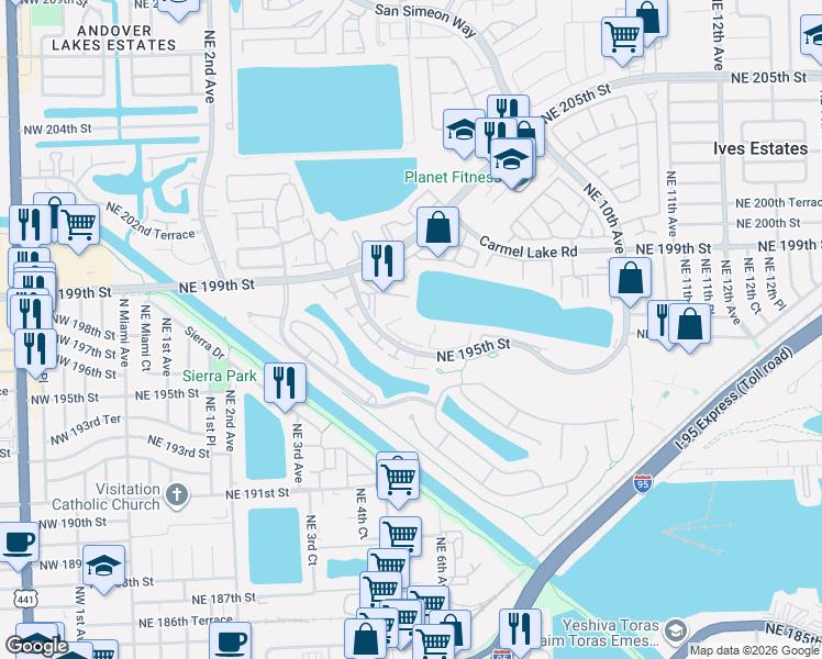 map of restaurants, bars, coffee shops, grocery stores, and more near 661 Northeast 195th Street in Miami