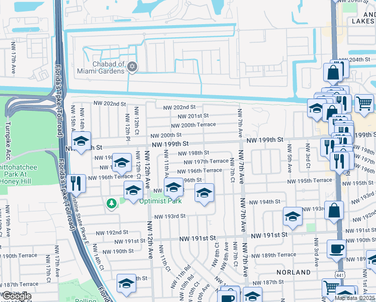 map of restaurants, bars, coffee shops, grocery stores, and more near 1021 Northwest 198th Street in Miami